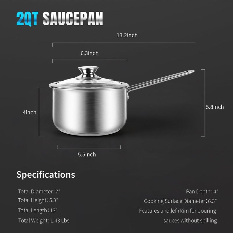 AuFranc® 2 Quart Tri-ply Stainless Steel Saucepan with Glass Lid, Induction Sauce Pan Compatible with All Cooktops, Non-Toxic Sauce Pot with Stay Cool Handle, Oven & Dishwasher Safe (Silver)
