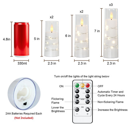 Raycare Flameless Candle with Remote Timer 7 Flickering Acrylic Battery Operated LED Pillar Candles with Embedded Star String for Christmas, Wedding, Home Table Decor, and as a Gift(White)
