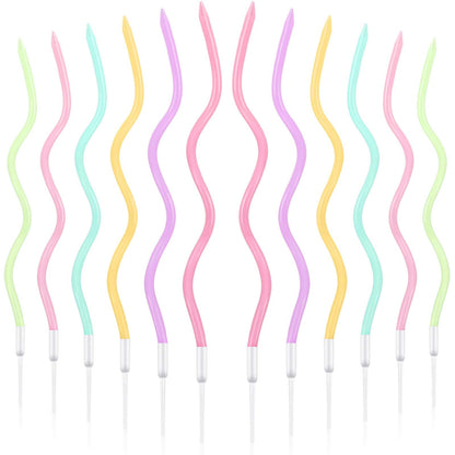 BBTO 12 Pcs Twisted Birthday Candles Spiral Metallic Cupcake Thin Long Cake Candles with Holders for Birthday Wedding Party(Colorful)
