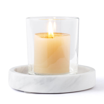 WORHE Candle Holders Italy Premium Natural Marble Candlestick Holder for Jar Pillar Candles Large Round Coaster Plate Jewelry Tray Centerpiece for Wedding Dining Table Home Decor White (ZT011)