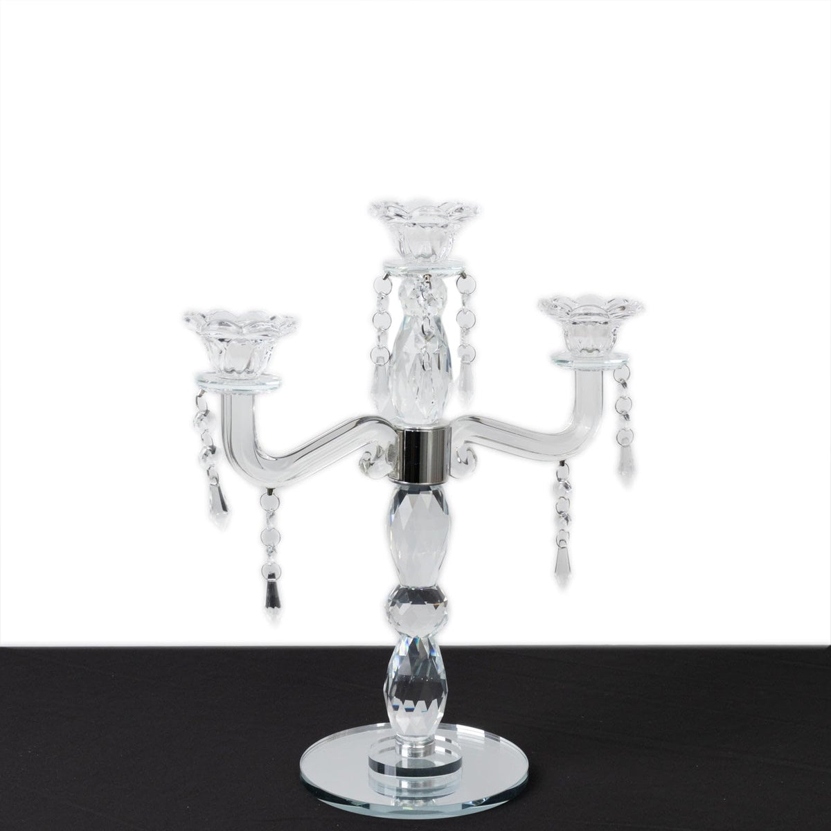 Efavormart Crystal 3-Arm Candelabra Taper Candle Holder with Hanging Prisms & Round Mirror Base – Faceted Cut Glass Design - 14" Tall
