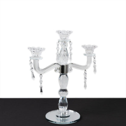 Efavormart Crystal 3-Arm Candelabra Taper Candle Holder with Hanging Prisms & Round Mirror Base – Faceted Cut Glass Design - 14" Tall