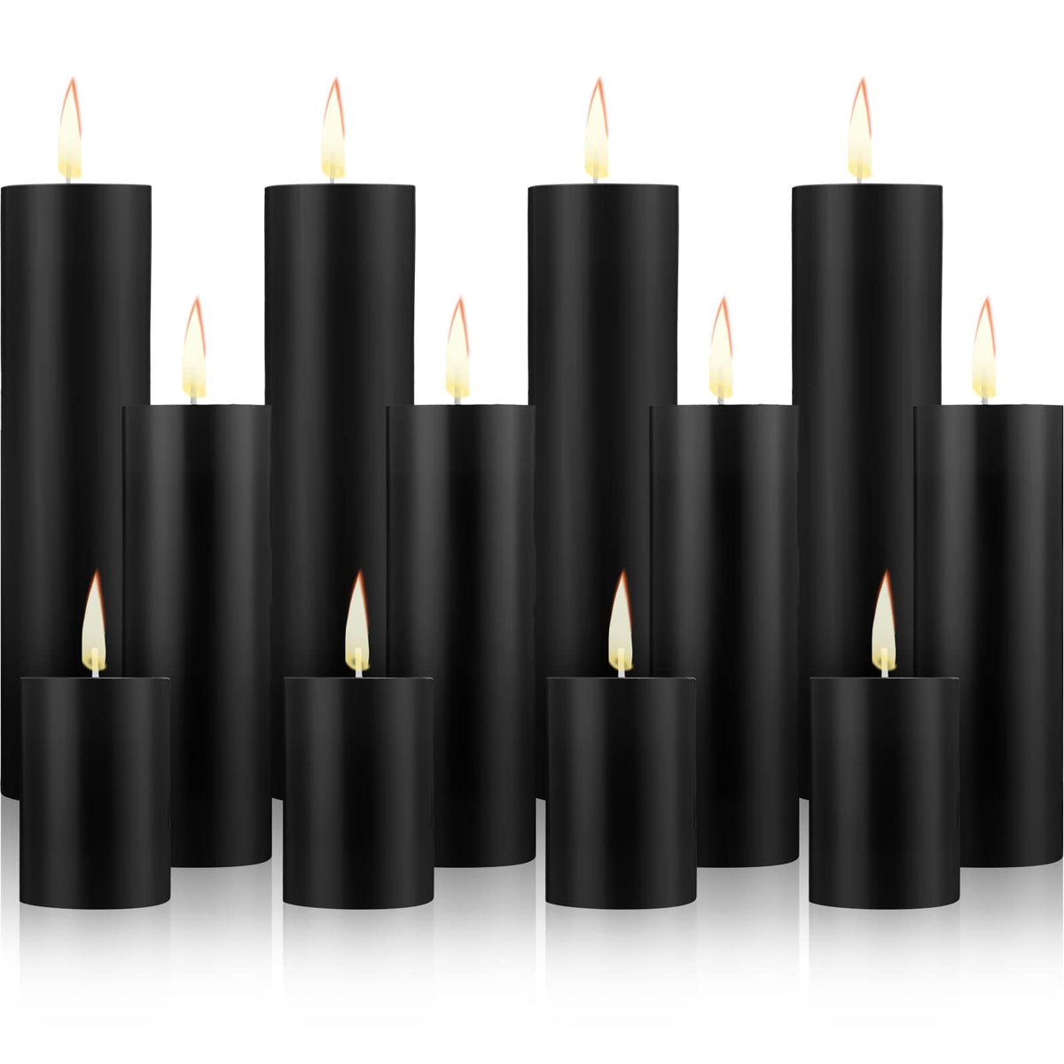 Lounsweer 12 Pcs Pillar Candles Bulk for Wedding Unscented Pillar Candles 3 Set 2 x 3/6/8 Inch Multi Size for Weddings Engagement Spa Home Party Events Ceremony(Black)