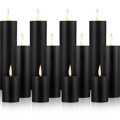 Lounsweer 12 Pcs Pillar Candles Bulk for Wedding Unscented Pillar Candles 3 Set 2 x 3/6/8 Inch Multi Size for Weddings Engagement Spa Home Party Events Ceremony(Black)