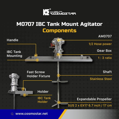 COSMOSTAR M0707 Pneumatic Agitator IBC Mount for IBC Tank, equipped with 3:1 Gear Box, SUS Shaft and Propellers, Paint Stirring Machine, Bracket Air Agitators(M0707-IBC-SUS200-EX12S17-GB3)