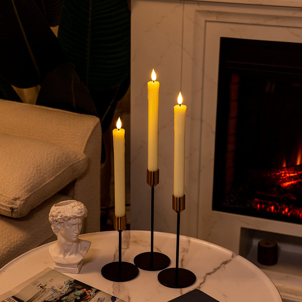 Homemory 3 Pcs Real Wax Flameless Taper Candles with Remote Timer and Dimmer, Battery Operated Candlesticks with Flickering Light, Ivory Window Candles, 9.6 Inches for Wedding Home Decor