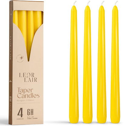 Leor & Lair Yellow Taper Candles - 4 Pack 10" Yellow Candlesticks - Unscented Long Burning Candles for Fall Decor, Dinner Table, Holidays, Weddings, Restaurants & Business Events