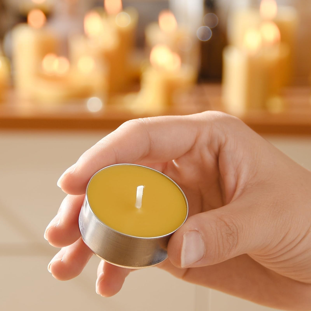 50-Pack Pure Beeswax Tealight Candles in Aluminum Cups - 4-5 Hour Burn Time, Lead-Free Cotton Wick, Natural Unscented Candles