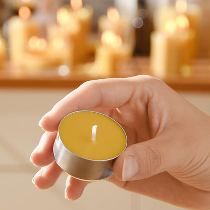 100-Pack Pure Beeswax Tealight Candles in Aluminum Cups - 4-5 Hour Burn Time, Lead-Free Cotton Wick, Natural Unscented Candles