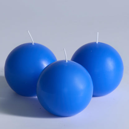 MOZEAL Hand-Poured, 3 Inch Blue Round Ball Candles - Elegant Blue Round Pillar Candles Set of 3, Dripless, Unscented, Smokeless, Ideal for Summer Parties.