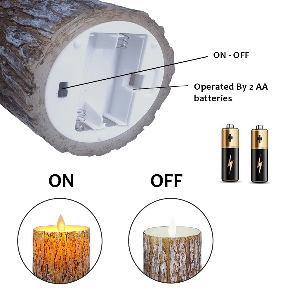 MIVITOOM Pine Bark LED Flameless Pillar Candles Battery Operated with Flickering Warm Yellow Light Moving Wicks, Pack of 3 (D 3”×H 4”5”6”) Real Wax Candles with Timer and Remote Control