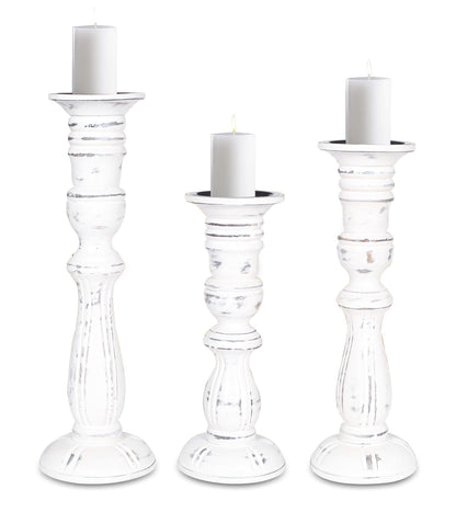 Wooden Candle Holder Set of 3, Tall White Wash Pillar Candle Holders, Rustic Farmhouse Decor, Brown Wooden Candle Stands for Home Decoration - 16, 14, 12 Inch Height