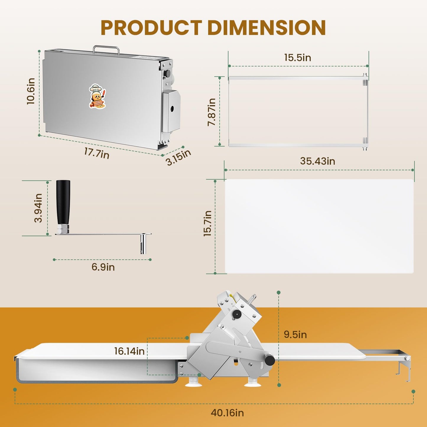 Huanyu Manual Dough Sheeter 15.7”, 10 Adjustable Thickness 0.1mm-17.5mm, Tool-Free Assembly, for Home Bakers & Small Bakeries, Croissant, Pizza, Pasta, Fondant