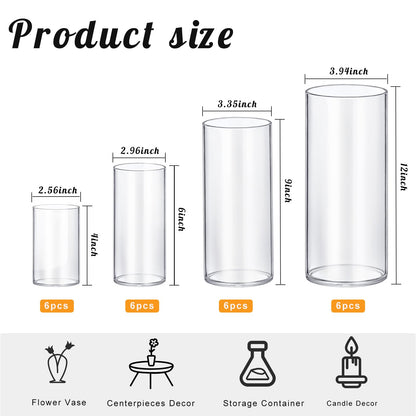 24 Pack Thick Glass Cylinder Vases 4,6,9,12 Inch Tall Clear Flower Vase Hurricane Floating Candle Holder for Table Centerpiece Wedding Home Decor