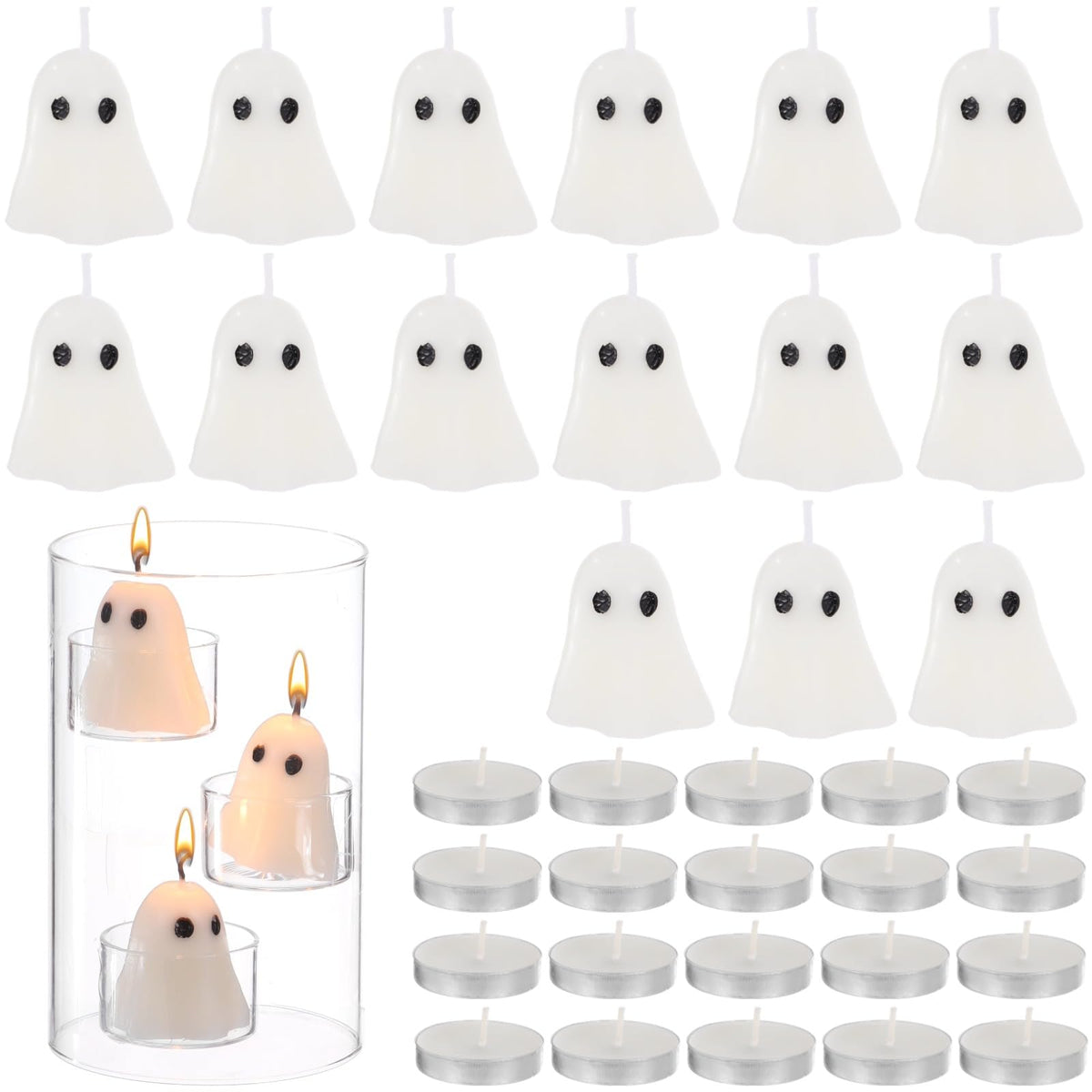 Halloween Glass Candle Holder Set, Cylinder Floating Table Centerpiece Kit, Includes 15 Candles, 20 Tea Lights, for Parties, Weddings, Holidays