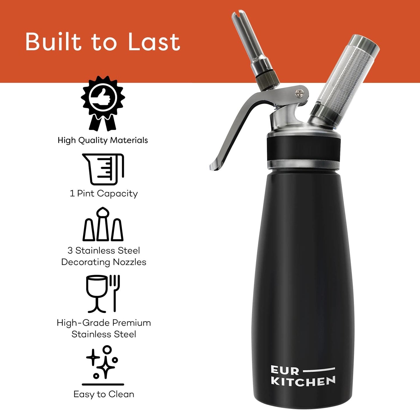 EurKitchen Stainless Steel Professional Whipped Cream Dispenser - Leak-Free Whip Cream Maker Canister - 3 Decorating Nozzles & Cleaning Brush - 1Pint /500 ML Cream Whipper - N2O Charger (Not Included)