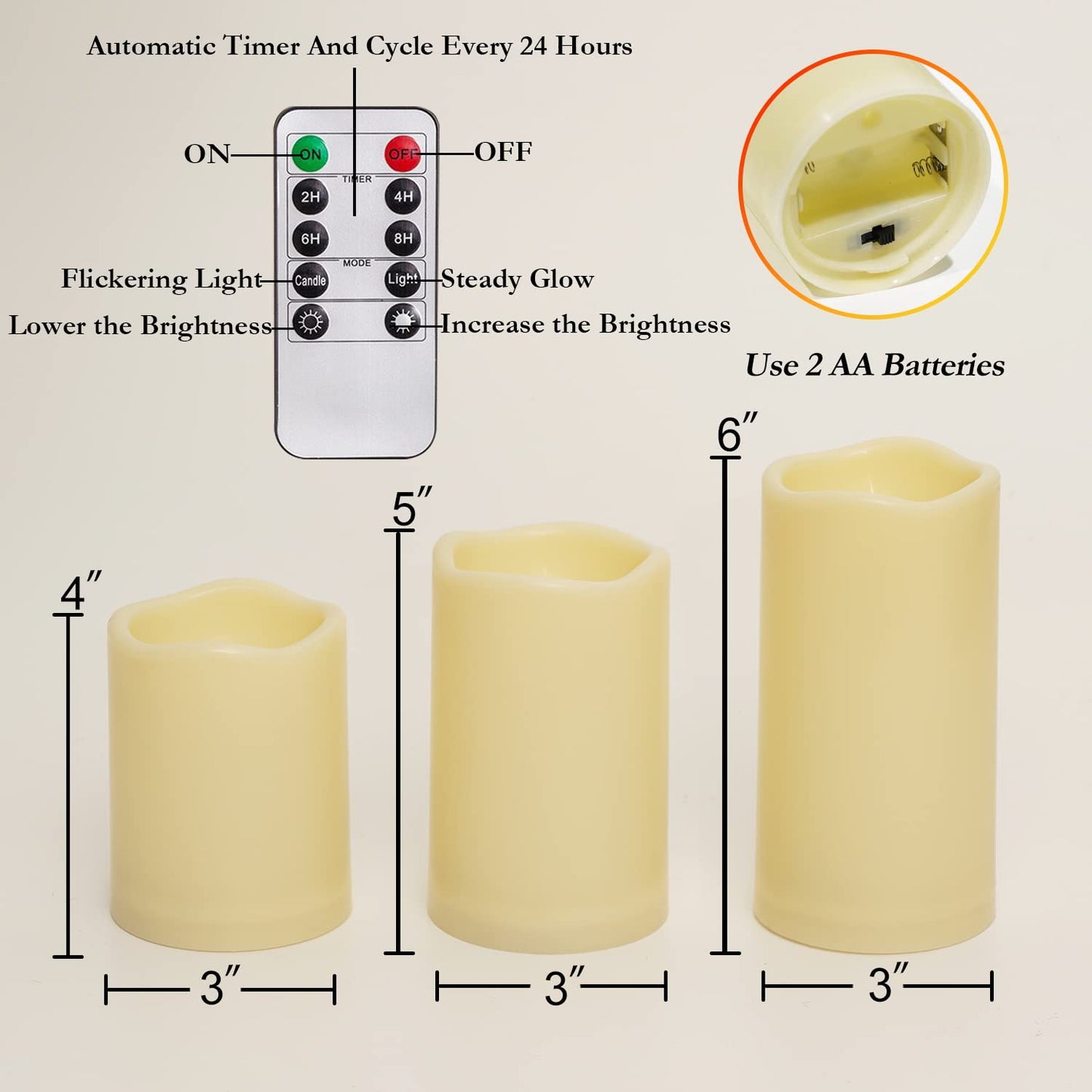 Homemory 3 Pack Flameless Candles, Outdoor Waterproof, Battery Operated LED Pillar Candles with Remote Control and Timer, Plastic, Long Lasting，4”5”6”