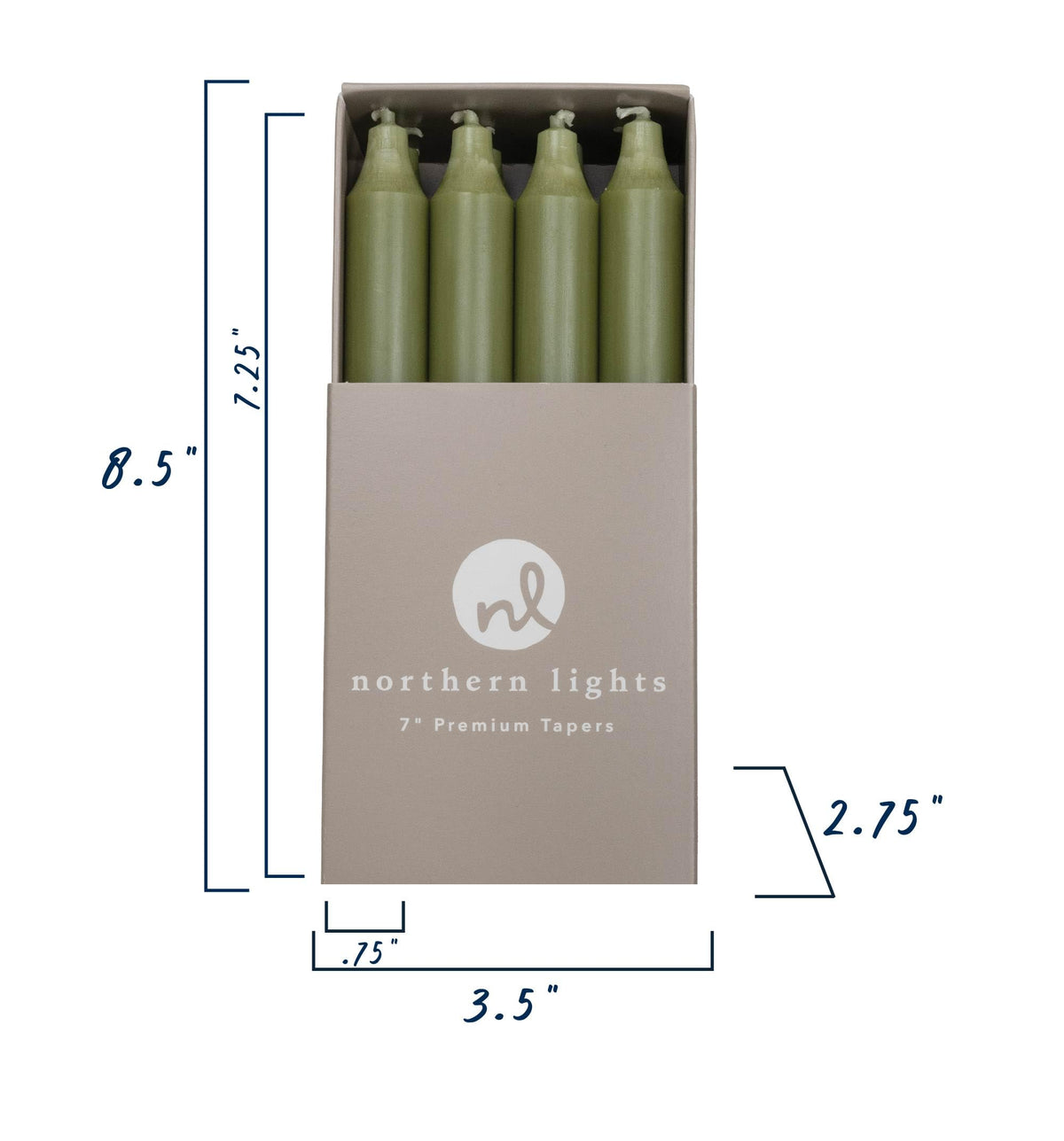 Northern Lights Candles - 7" 12pk Tapers - Moss Green - 71734