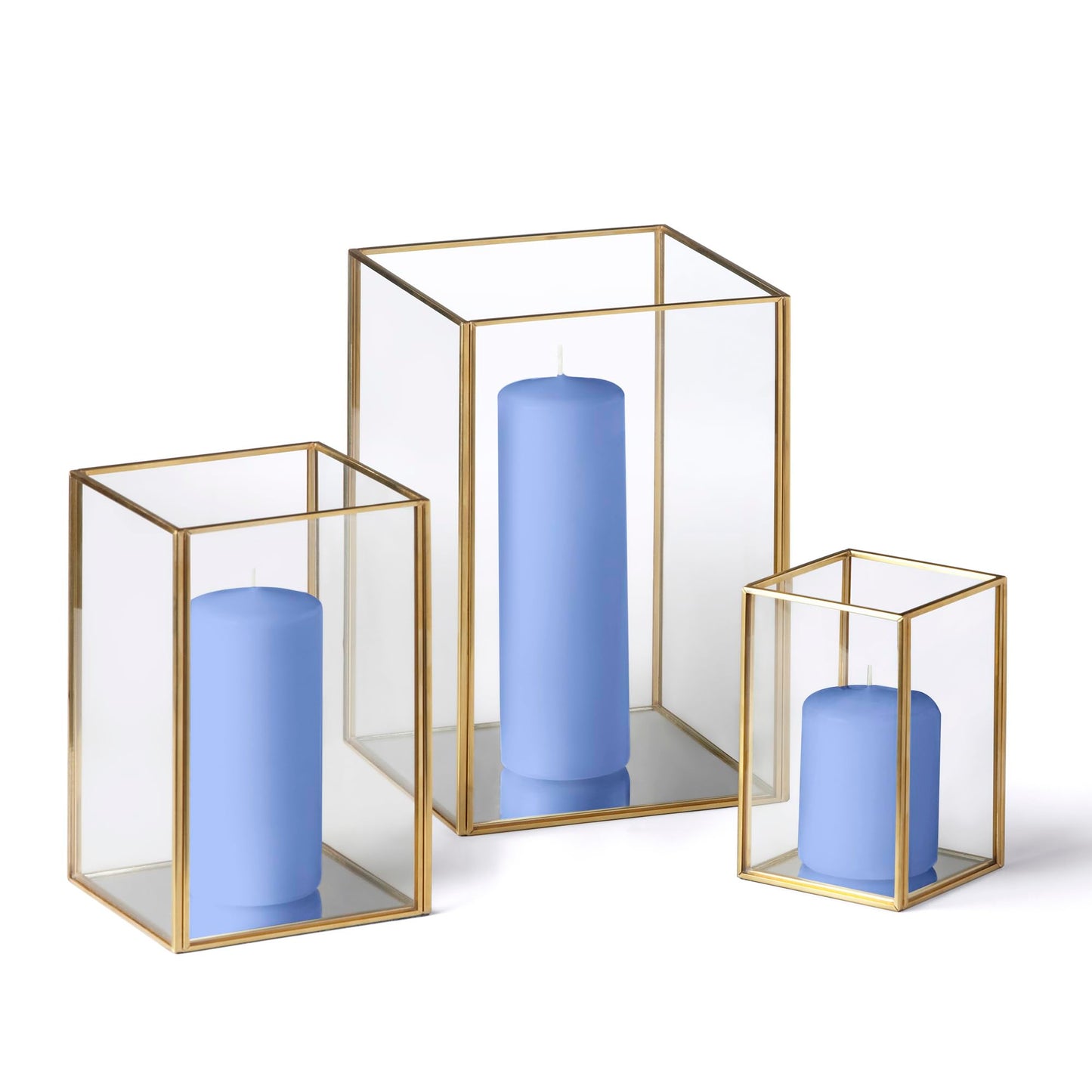 Yummi Set of 36 Slim Pillar Candles & Gold Luxus Lanterns - Periwinkle Blue