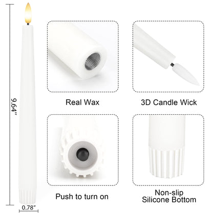 Flameless Taper Candles with 3D Wick, 9.6" Real Wax LED Candles with 2 Remote and Timer, 6 Pack Flickering Candlesticks Battery Operated, Classic Tall Taper Candle for Home, Wedding, Party, White