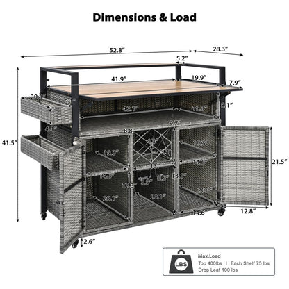 Dfchlda 52.8" Wicker Outdoor Grill Cart with Extended Plastic Wood Table Top, Rolling Kitchen Island with Storage Cabinet, Double Handle Design for Patio, Backyard, Garden, Poolside(Grey)