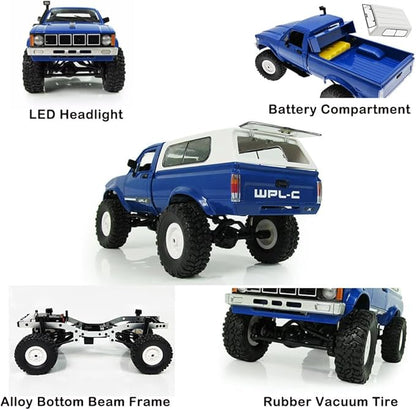 GoolRC RC Truck WPL C24 RC Crawler 1/16 Scale Remote Control Car 4WD All Terrain Off Road Pickup Truck 2.4GHz RC Climbing Car with LED Light 2 Batteries for Adults (Blue)