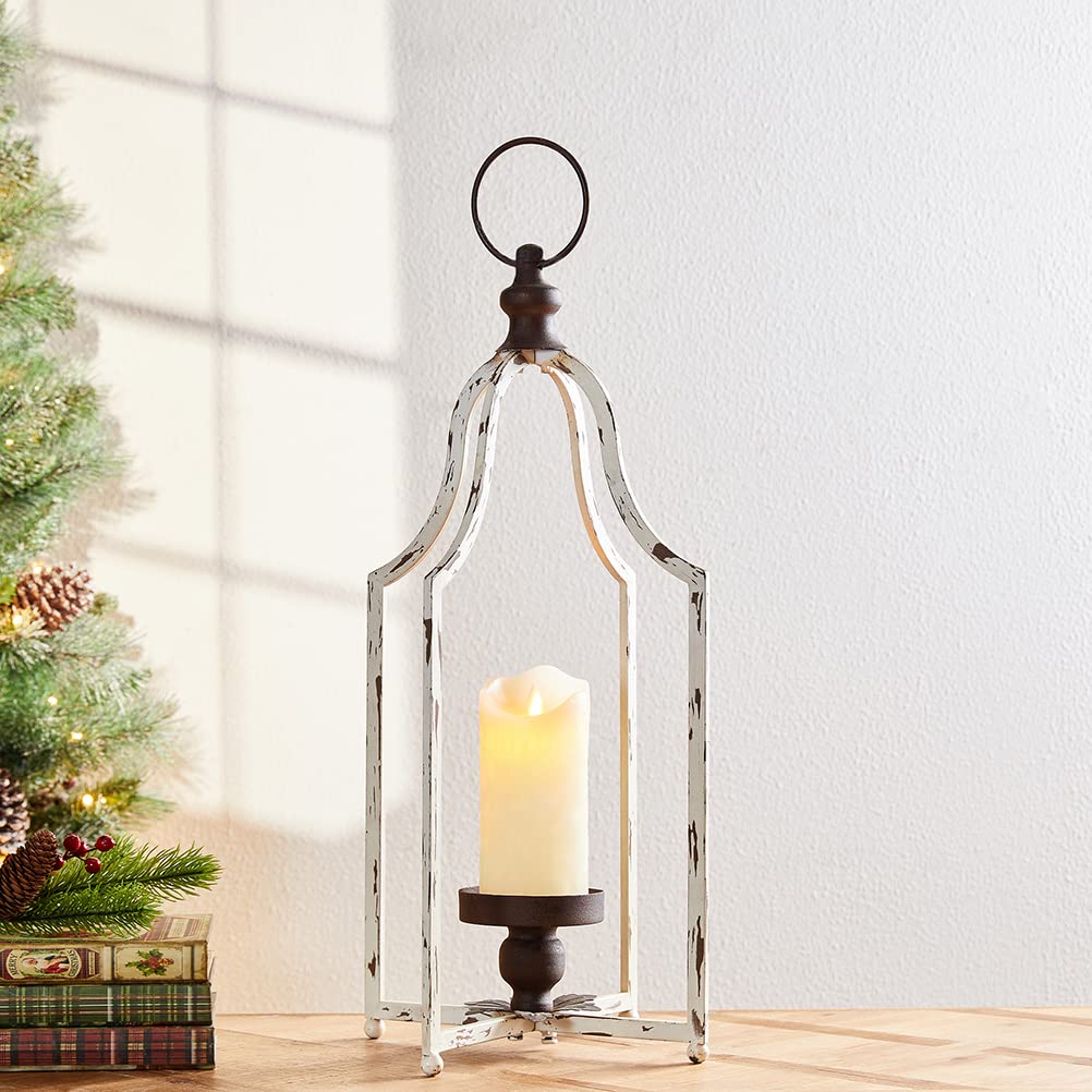 Glitzhome 22" Lanterns Decorative Indoor Outdoor, Farmhouse Metal Lanterns, Hanging Candle Holder for Porch Mantle Fireplace Patio Garden Home Decor,White