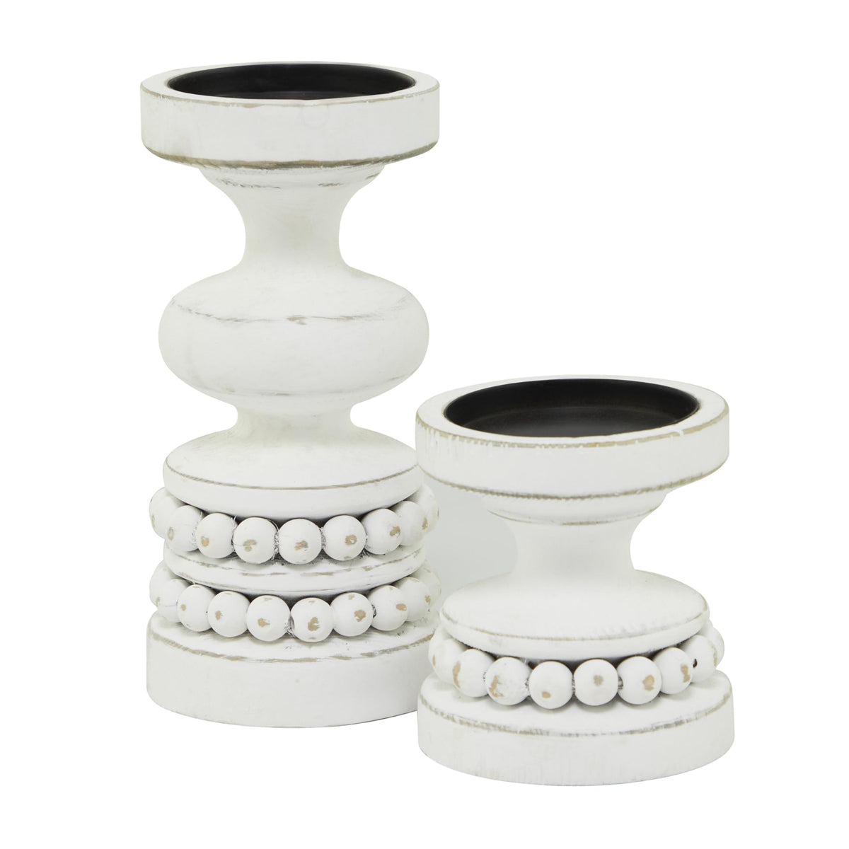 Deco 79 Wood Decorative Candle Holder Beaded Pillar Candle Stand, Set of 2 Candlestick Holder 8", 4"H, White