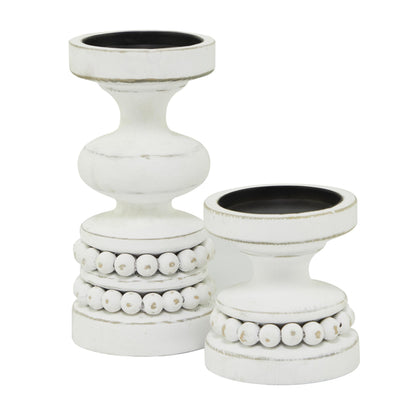 Deco 79 Wood Decorative Candle Holder Beaded Pillar Candle Stand, Set of 2 Candlestick Holder 8", 4"H, White