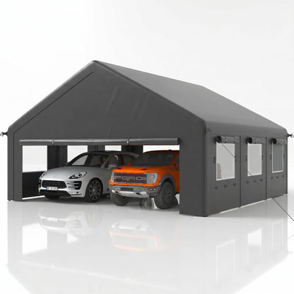 MNLR 20x20 FT Heavy Duty 2 Car Carport Canopy, Outdoor Portable Garage Shelter with 6 Mesh Windows, Removable Sidewalls, Galvanized Steel Frame, Waterproof UV Resistant Car Canopy Tent for Boat, SUV