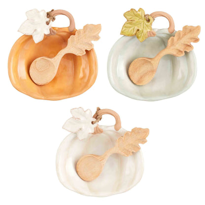 Mud Pie Pumpkin Tidbit Dish, White; dish 4 3/4" x 5 3/4" | spoon 5"