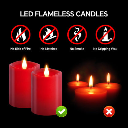 milysoek 3x4 Flickering Flameless Candles Set of 2,Real Wax led Candles Flickering,with Timer,4 inch Flameless Candles with Remote,Battery Operated Candles,for Party Wedding Holiday Home Decor,Red