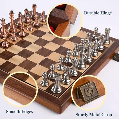 15 Inch Walnut Chess Board Set for Adults Kids Metal Chess Folding Portable Travel Chess Game for Tournament Professional Beginner with Manual