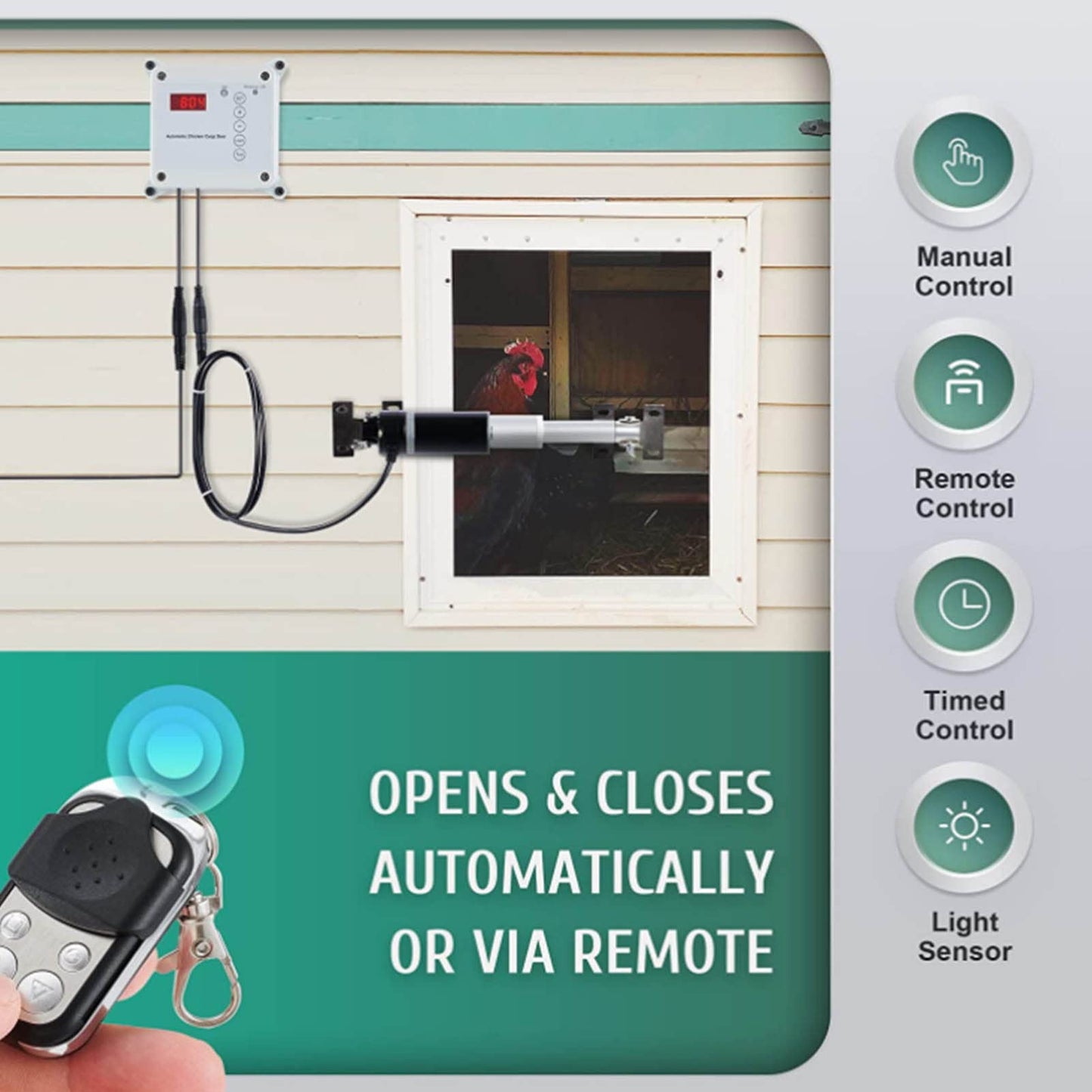 Automatic Chicken Coop Door Timer Remote Control Solar Powered Light Sensor Safe Opener Kit for Poultry Run Duck Coop(US Plug)