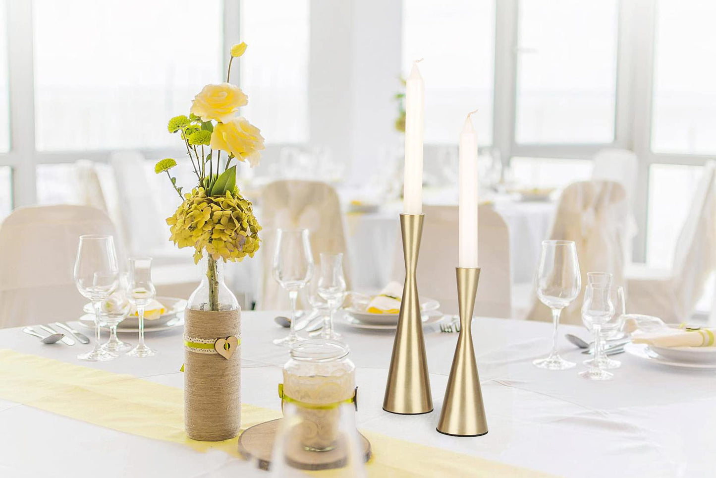 Vixdonos Brass Gold Metal Candle Holders Taper Candlestick Holders Set of 2 Table Decorative Candle Stand for Wedding, Dinning, Party,Home Decor (Gold)
