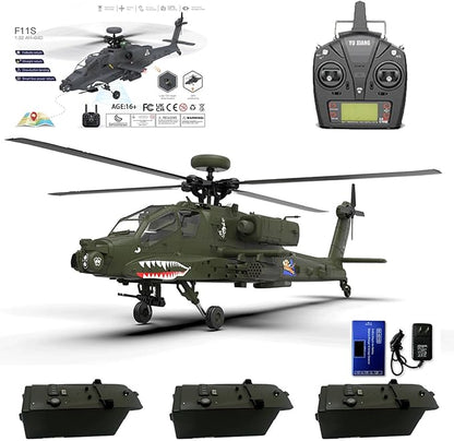 YUXIANG F11 AH64 RC Helicopter for Adults for AH64 Apache 1/32 Scale 2.4G 6CH 6G/3D Stunt Remote Control Military Aircraft Toys with 6-Axis Gyro &amp 2 Brushless Motor &amp Lights - RTF