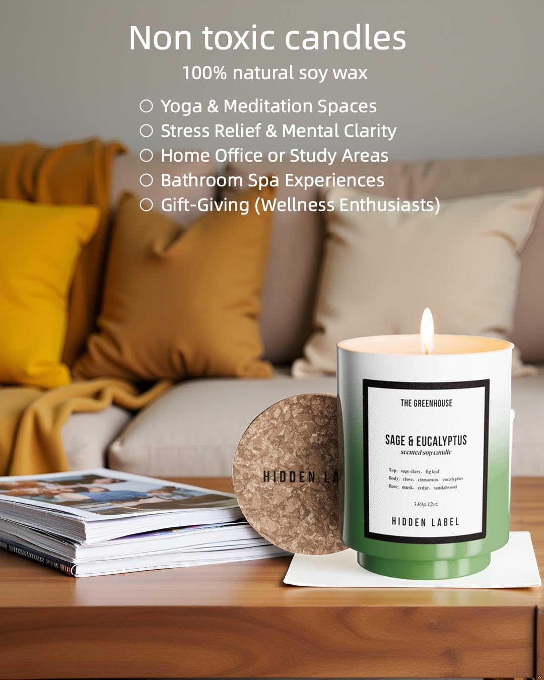 Eucalyptus Sage Scented Candle, 12oz Natural Soy Wax with Cotton Wick, 75H Long Lasting Burn Aromatherapy Candle for Home, Stress Relief Meditation & Yoga, Non-Toxic Relaxation Gift for Women