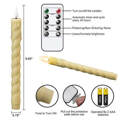 DRomance Flickering Flameless Taper Candles with Remote and Timer, 2 Pack Battery Operated LED Taper Candles 3D Wick Plastic Dripping Effect Dinner Wedding Holiday Decor(Ivory, 0.78" D x 9.65" H)