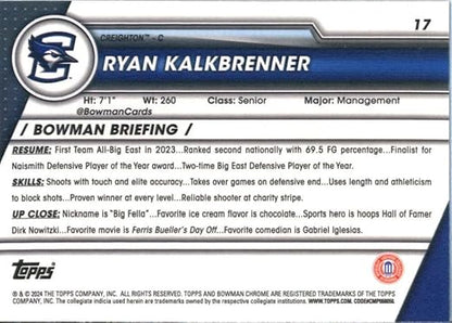 2023-24 Bowman University Chrome Sapphire #17 Ryan Kalkbrenner Creighton Bluejays Basketball Card - Sportscard Superstore