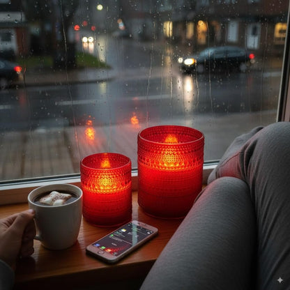 VENTA Set of 2 Red Glass Flameless Candles with Remote | Dimmable Flickering Votives, Ideal for a Romantic Dinner, Anniversaries, and Home Ambiance | Decorative Table Lamp