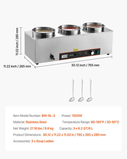 VEVOR Electric Soup Warmer, Three 6.34QT Stainless Steel Round Pot with 86~185°F Adjustable Temp, 1500W Commercial Bain Marie with Anti-Dry Burn and Reset Button, Soup Station for Restaurant, Buffet