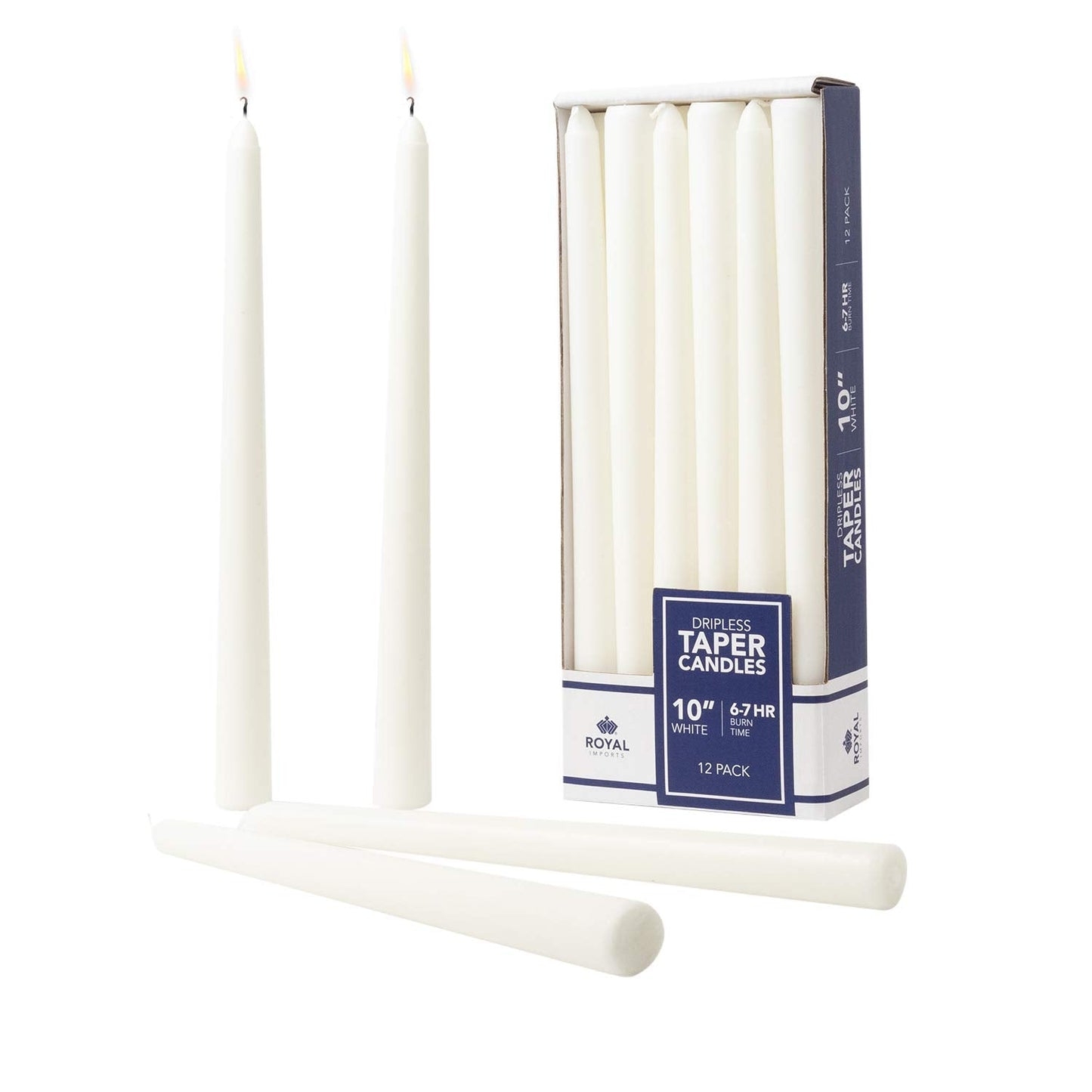 Royal Imports Unscented Taper Candles, Elegant Premium Quality, Dripless & Smokeless, Hand-Dipped Dinner Candles for Wedding, Holiday, Home Decor - 7 Hour Burn Time - Set of 12 (10 Inch, White)