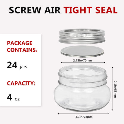 BETROME 4 oz Mason Jars, 24 Pack 120ml Glass Canning Jars with Regular Mouth Lids, Glass Jars Storage Containers for Overnight Oats, Jam, Jelly,Honey, Beans, Spice, Wedding Party Favors, Shower Favors