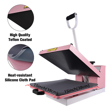 BetterSub Industrial 15"x15" Clamshell Heat Press Machine for T-Shirts, Sublimation, Vinyl & HTV - Digital Control, Non-Stick Teflon Plate, Safety Features for DIY/Home/Business (Pink)
