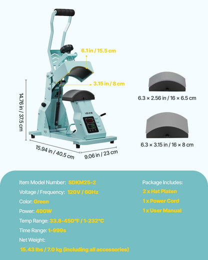VEVOR Hat Heat Press Machine, with 2pcs Interchangeable Platens, Precise Temperature and Time Control, Hat Press for HTV Iron On and Sublimation Projects, for Caps, Headbands, Cuffs, Face Masks, Green