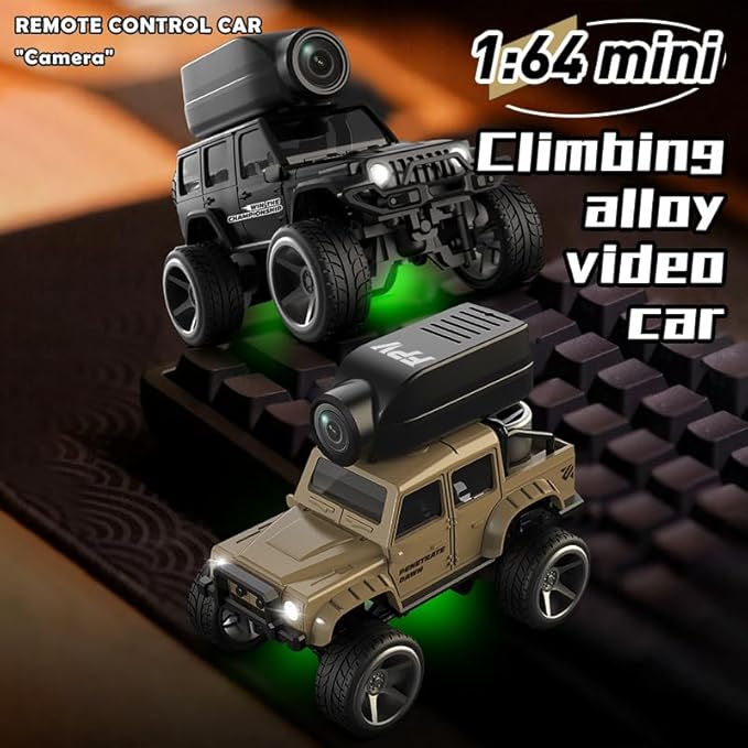1:64 Full-Scale Die-Cast RC Car with Camera KF32 Mini 4WD Desktop Off-Road Crawler Remote Control Racing Vehicle Model(Yellow)