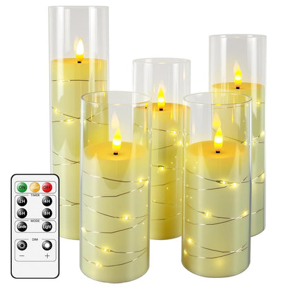 uuffoo 5 Pcs Flameless LED Candles with Timer Remote Flickering Flameless Candles with Embedded Star String, 3D Wick Acrylic Battery Operated LED Pillar Candles for Wedding Party Home Decor