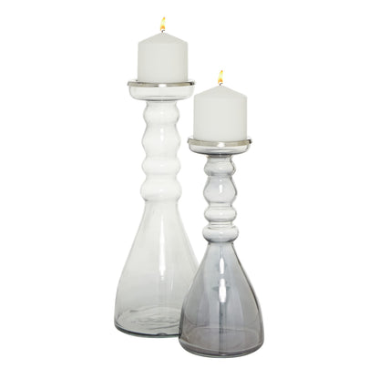 The Novogratz Glass Handmade Bubble Pillar Candle Holder, Set of 2 11", 14"H, Gray