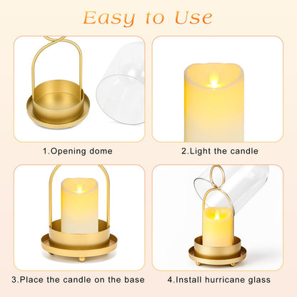 Fohil 5" & 4" Hurricane Glass Candle Holders, Set of 2 Metal Candle Holder with Handmade Sturdy Glass Dome, Candle Lantern for Pillar Candles, Plants, Table Centerpiece, Home Decor