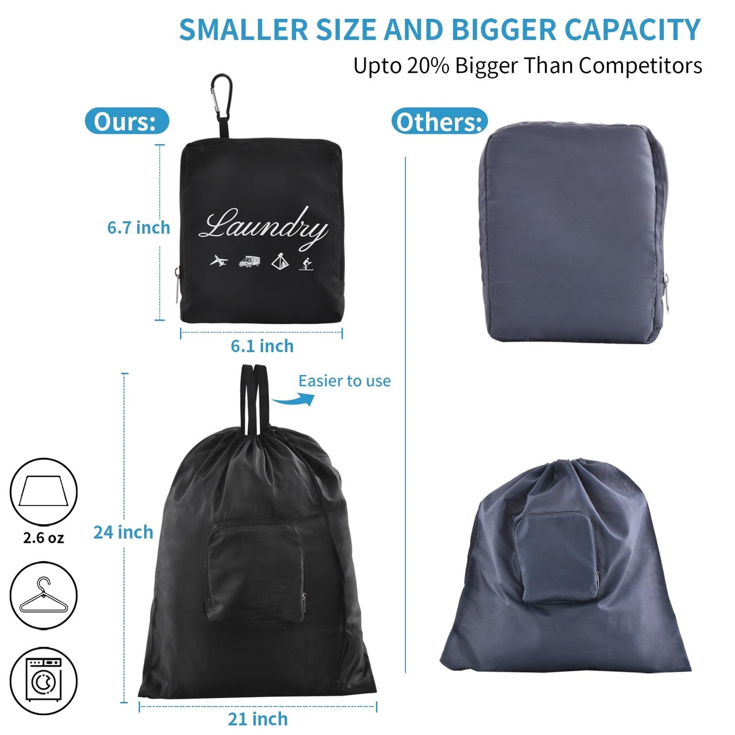 2 Pcs JHX Travel Laundry Bags, Dirty Clothes Organizer【Upgraded】with Handles and Aluminum Carabiner for Travel, Camp, Fitness, and Students (Black&Grey) 24"L x 21"W